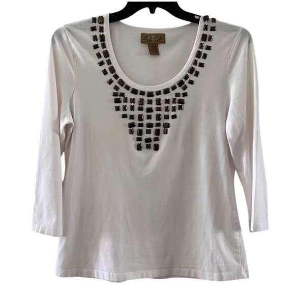 Peck & Peck Tops - Peck & Peck Weekend White Embellished Scoop Neck 3/4 Sleeve Top Womens L 85% Cot
